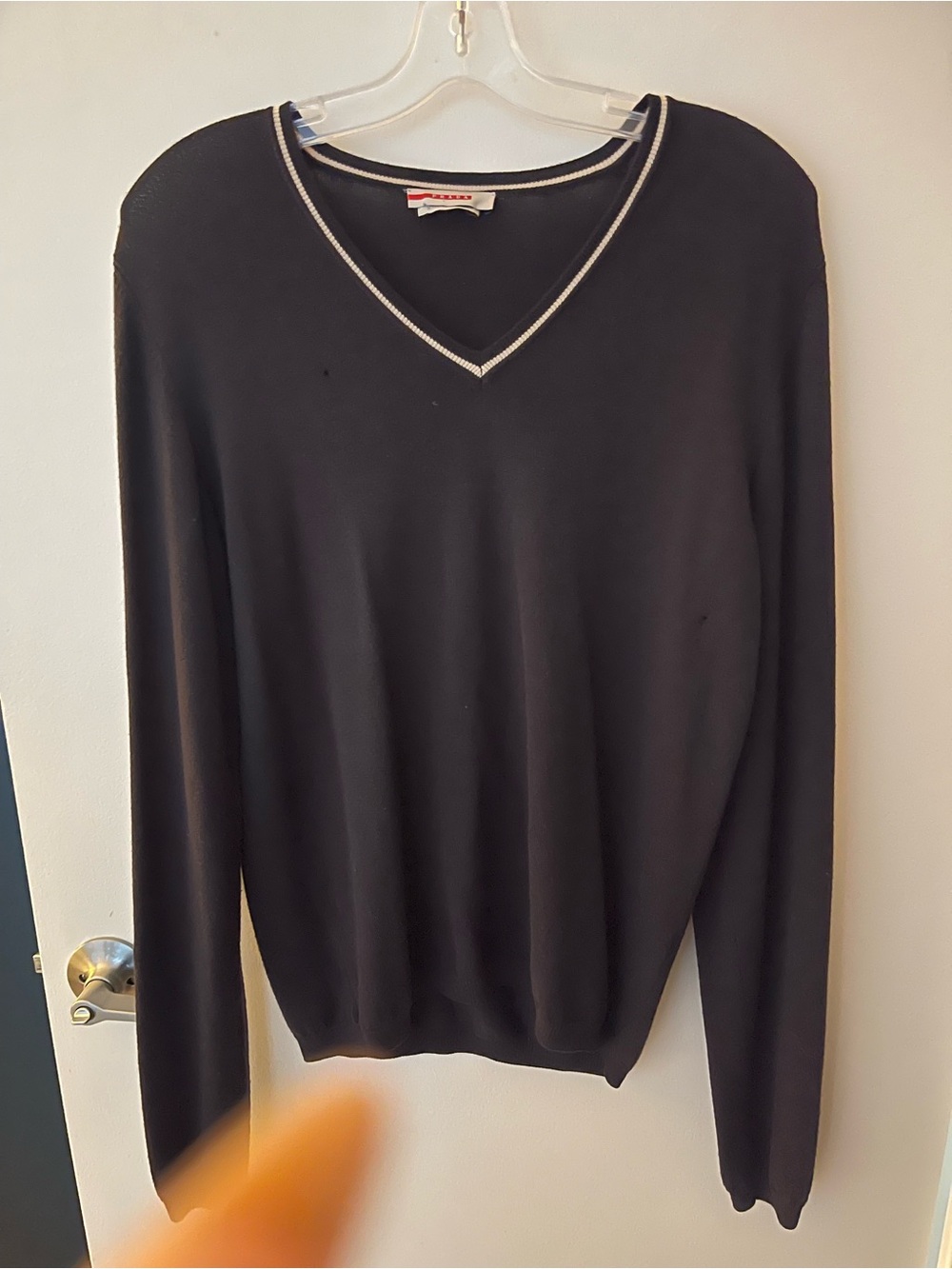 Prada Black V-Neck Sweater with White Trim - Men